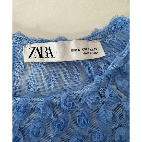 Zara Top Women's Small Blue‎ Floral Roae Bud Tulle Puff Sleeve Cropped Formal - Picture 4 of 11